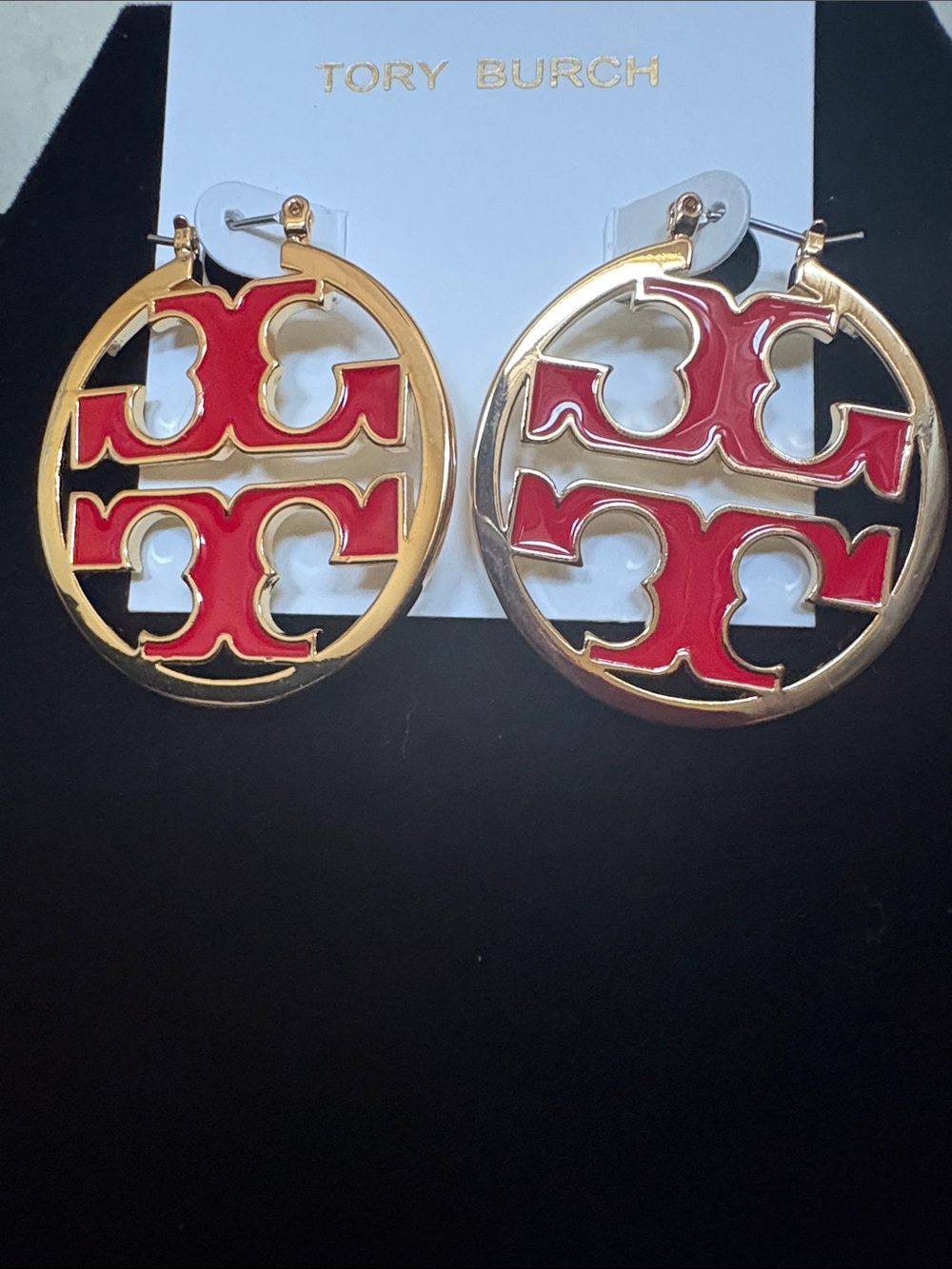 Tory Burch Gold-Tone Hoops with Red Enamel Logo